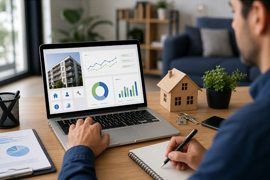 Landlord reviewing property management software dashboard showing vacancy rates rent collection and tenant communication tools
