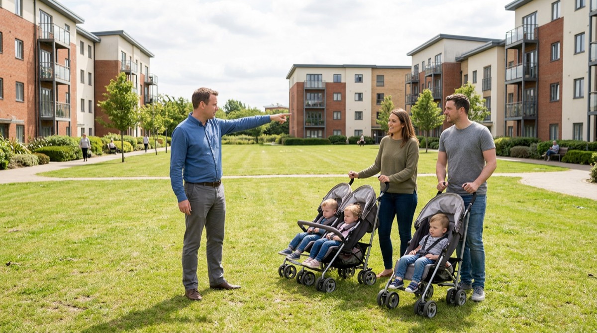 A property manager and parents with strollers discussing an open lawn between apartment buildings
