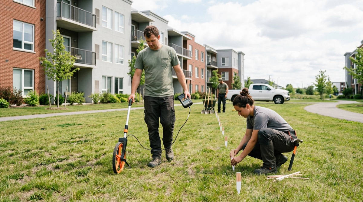 A crew member measuring a grassy area with a measuring wheel while a colleague places stakes