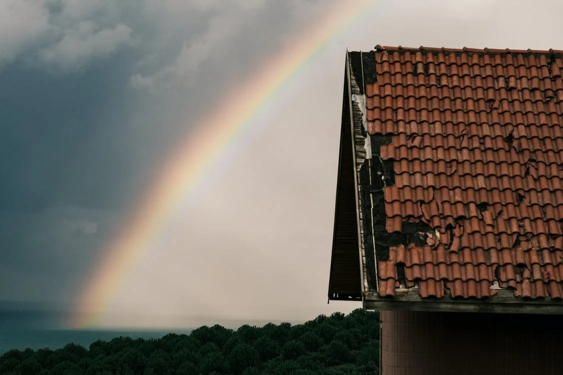 broken roof tiles, rainbow
