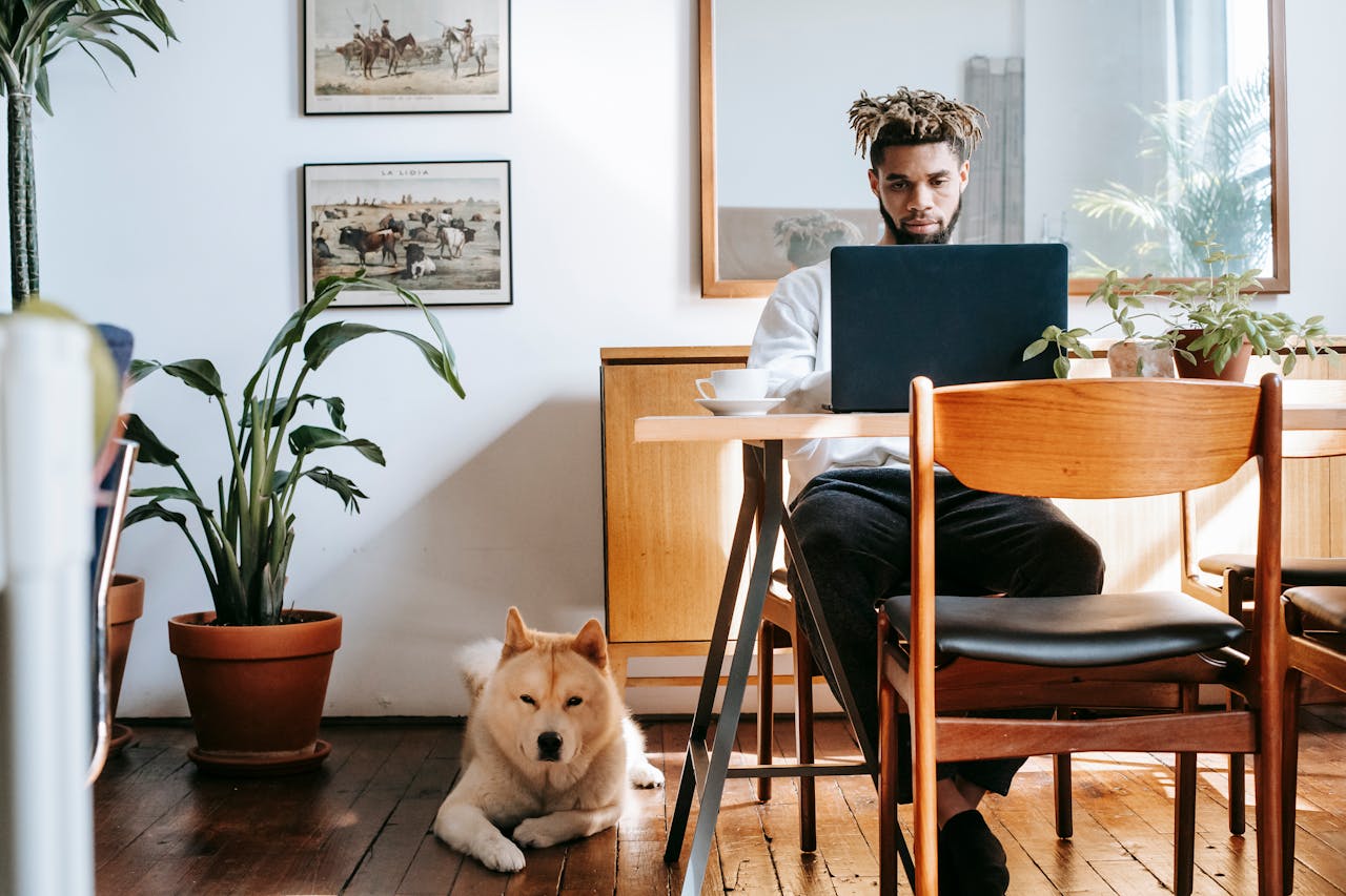 person working on a laptop. Dog laying on the floor. Image by Pexels