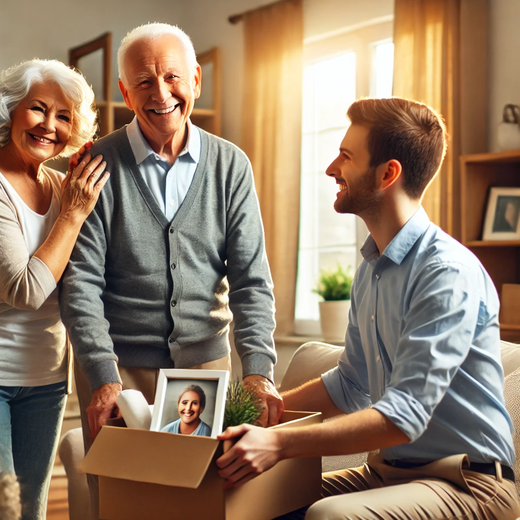 A warm and inviting assisted living community. An elderly couple is smiling while unpacking boxes in a cozy well-decorated room. Image by ChatGPT