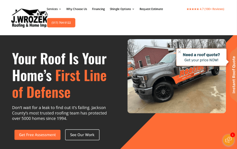 Screenshot of J. Wrozek Roofing website