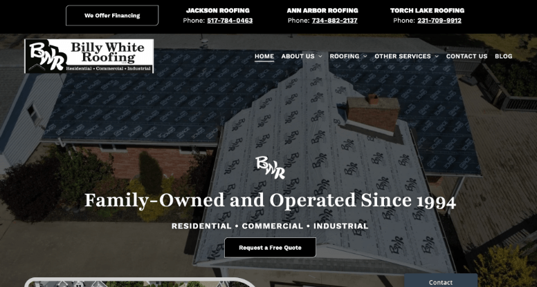 Screenshot of Billy White Roofing website