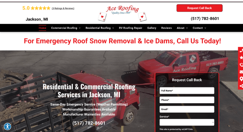 Screenshot of Ace Roofing website