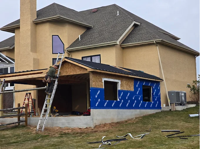 Room full of boxes, plants, guitar, step ladder