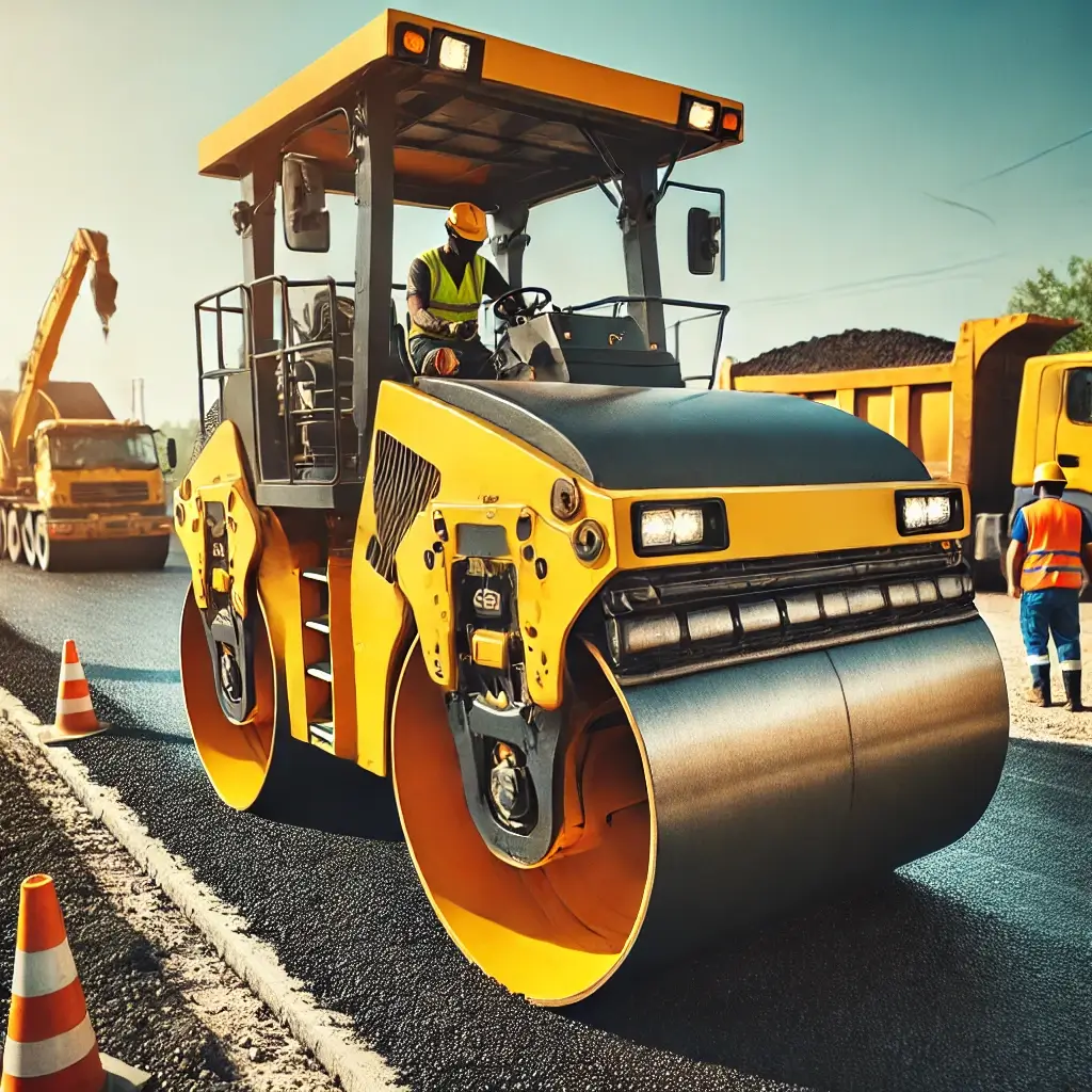 Heavy vibration roller machine in action at an asphalt pavement worksite. Image by ChatGPT