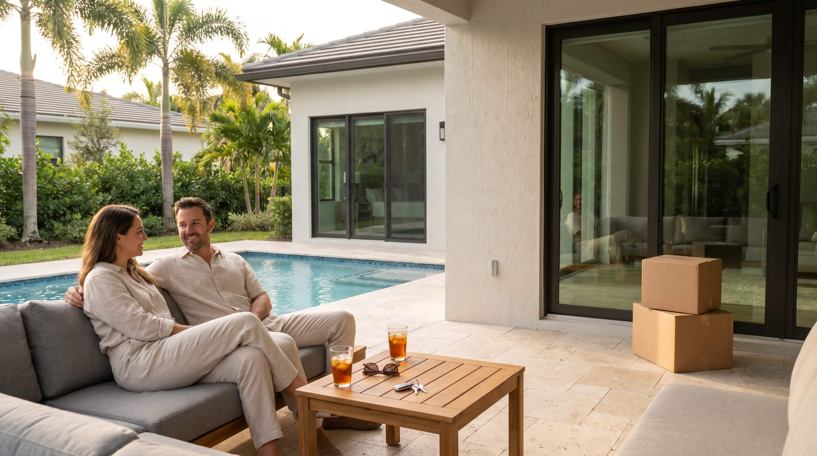 A warm aspirational lifestyle image reinforces the emotional