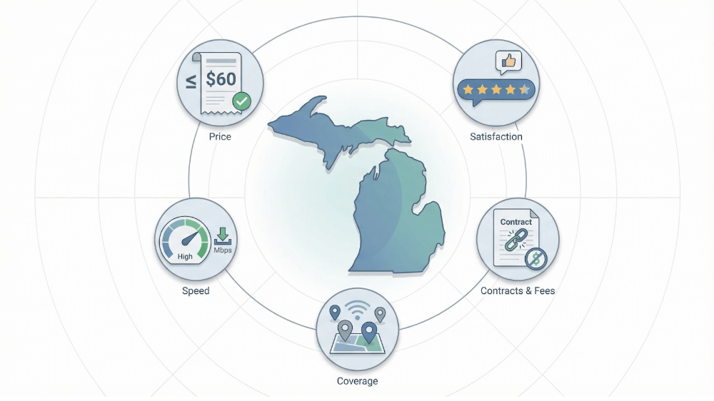 Price, Satisfaction, Speed, Coverage, Contract & Fees