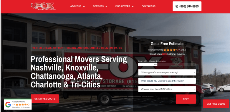 Screenshot of Fox Moving & Storage website