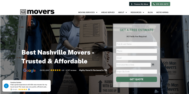 Screenshot of 6th Man Movers website
