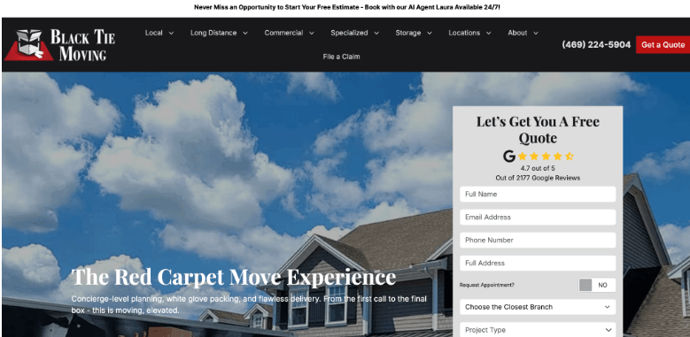 Screenshot of Black Tie Moving website