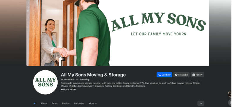 Screenshot of All my sons Moving & Storage website