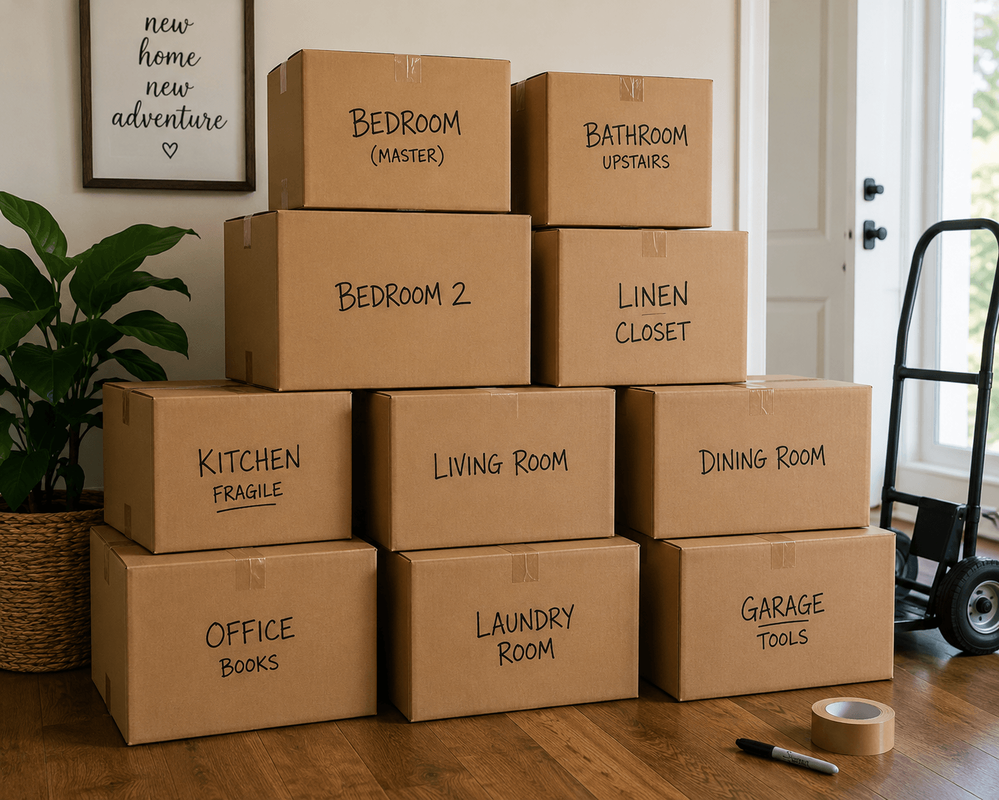 Labeled moving boxes stacked and ready for an interstate move