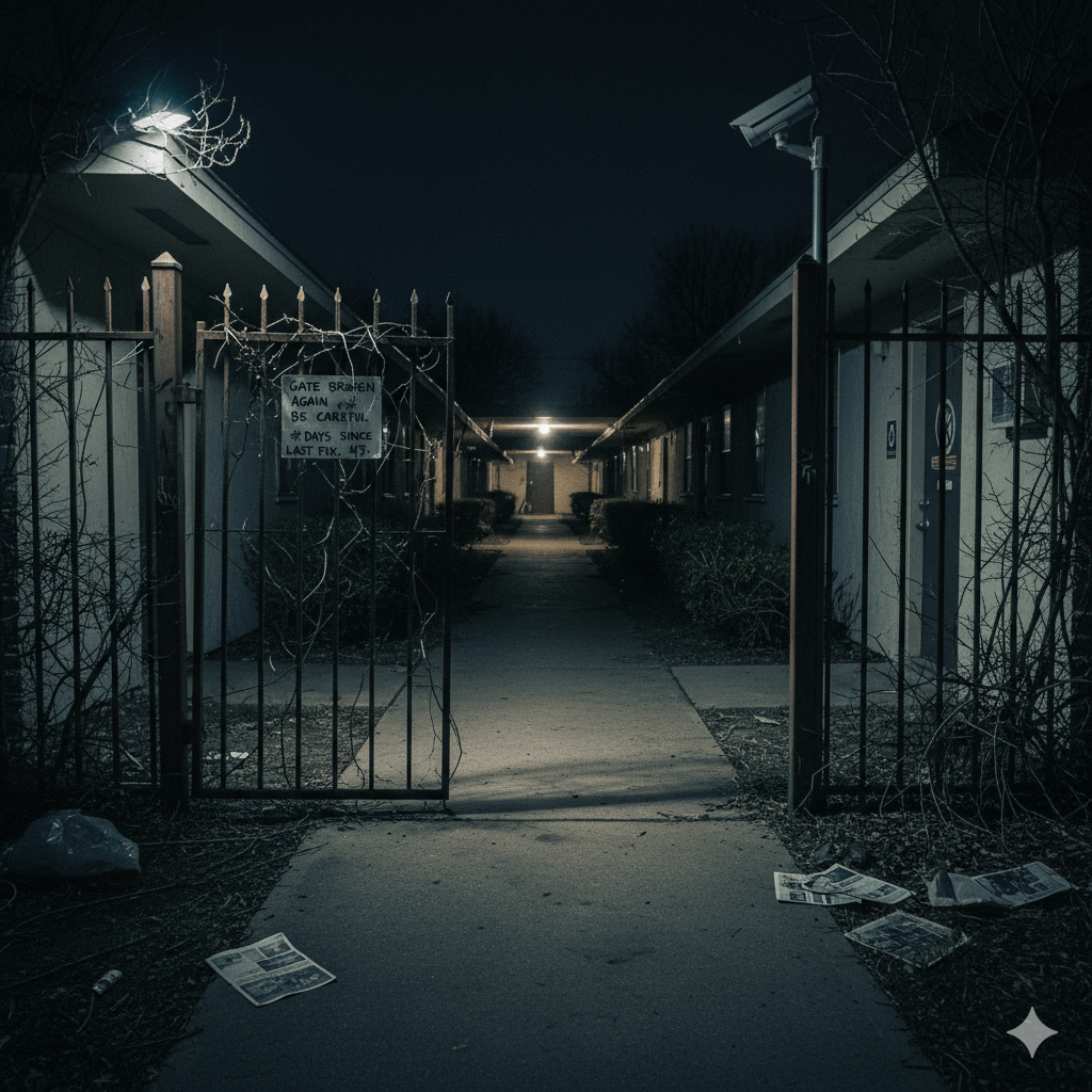 Broken gate, security camera, nighttime. Image by Gemini