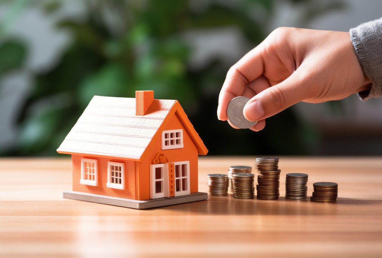 Small  house on a table, coins in stacks. Image by Pixabay