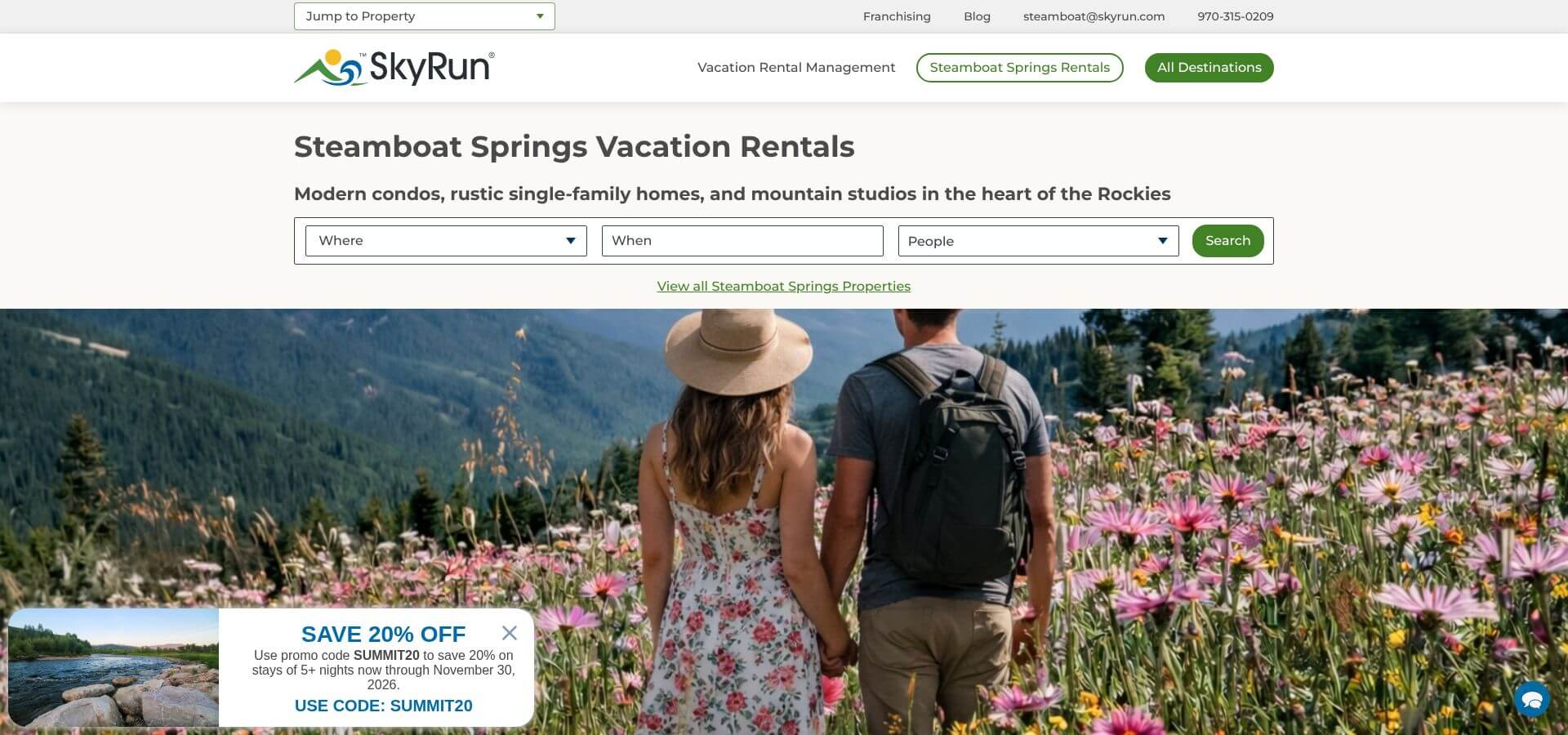 SkyRun Steamboat Springs slopeside rental portfolio website screenshot