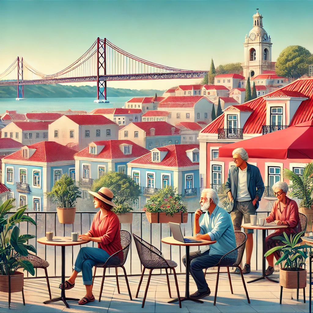 PA scenic view of Lisbon, Portugal, featuring the iconic red rooftops, the 25 de Abril Bridge, and a café terrace overlooking the city. Image by ChatGPT