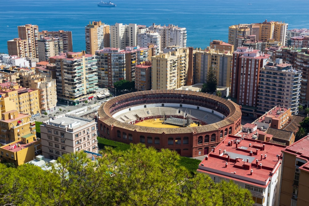 Arial view of buldings near the ocean