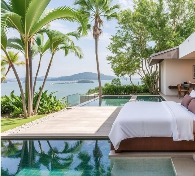 Beach view, bed by a couple of pools. Image by