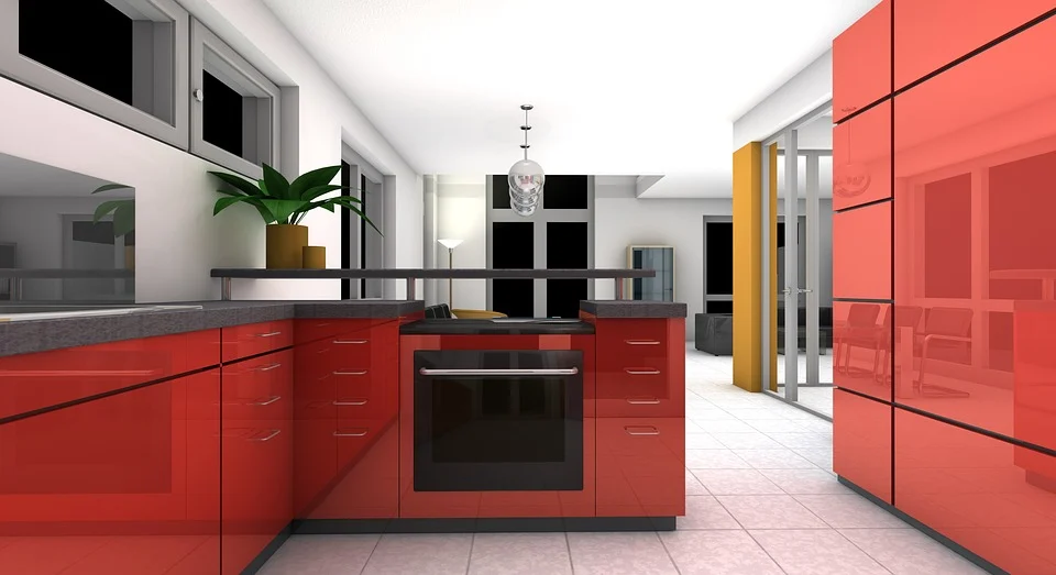 design of a kitchen with red cabinets