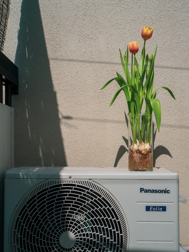 HVAC system, tulips in a vase on top of it