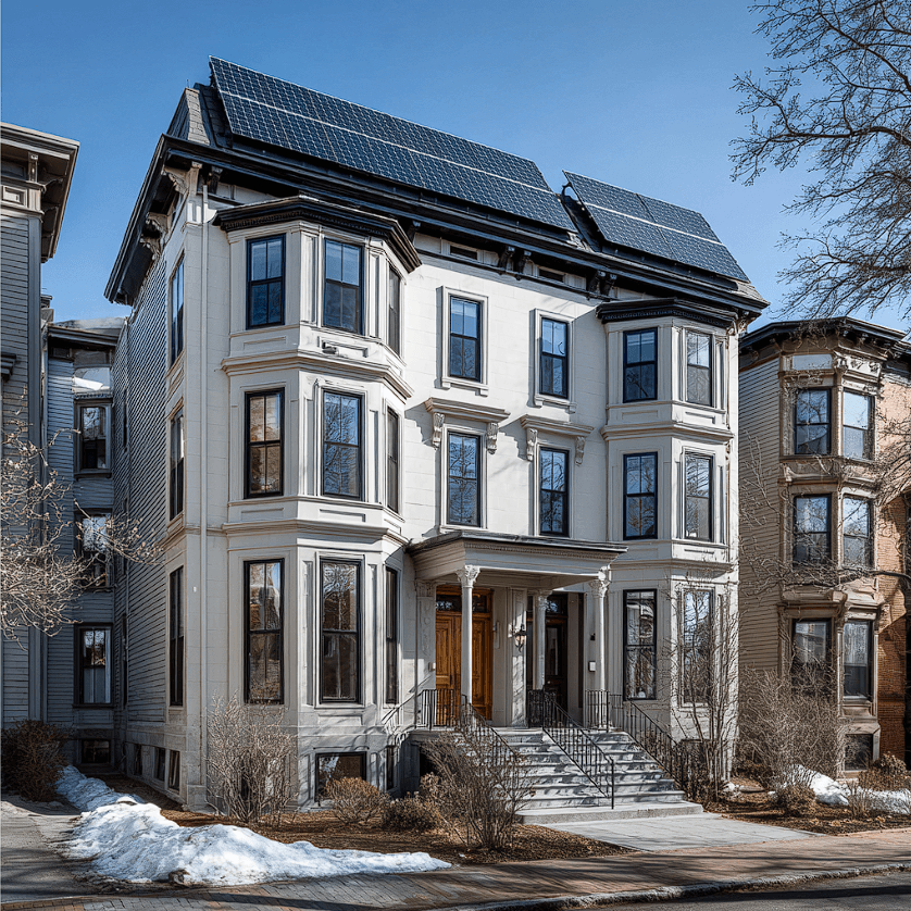 Solar panels on a triple decker house. Image by AI