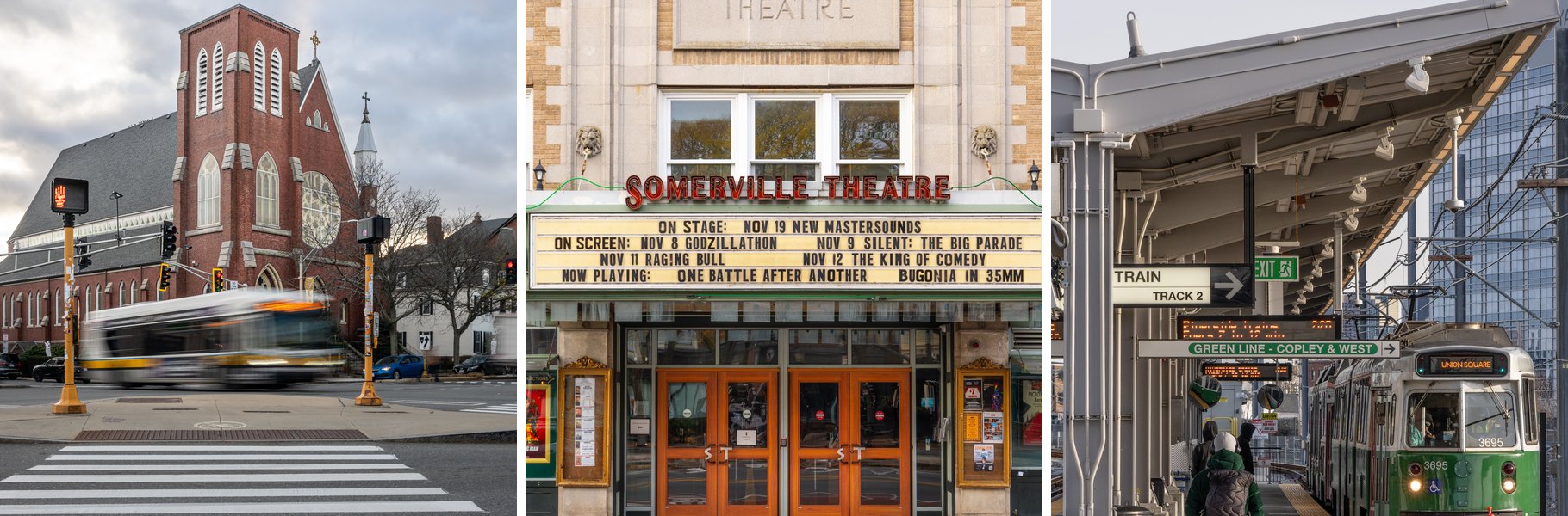 Somerville, MA - the Somerville Theatre in Davis Square, a Somerville street scene, and a Green Line Extension trolley to Union Square