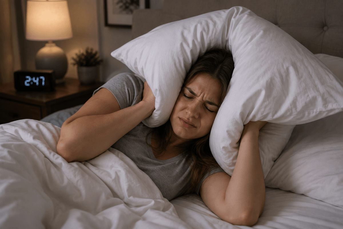 Person laying in bed, covering their ears with a pillow. Image by Chatgpt