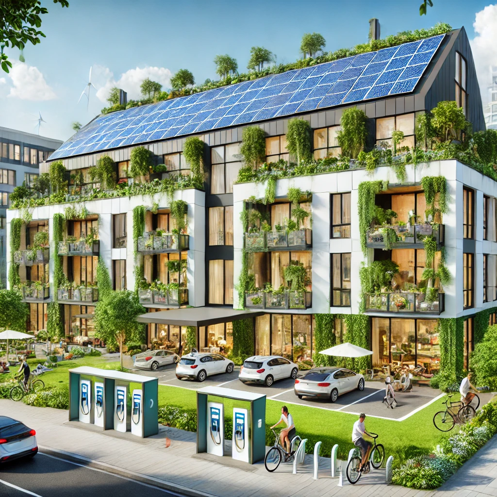 A modern eco-friendly apartment complex with solar panels on the roof, lush green landscaping, bicycle racks, and EV charging stations. Image by ChatGPT