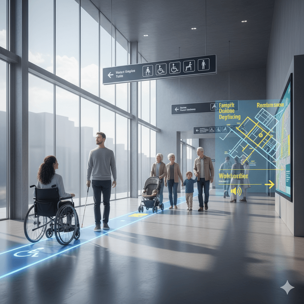 Accessible indoor wayfinding in a modern building, showing a woman in a wheelchair and a visually impaired man with a cane following an illuminated blue route past clear overhead signage and a digital map. Image by Gemini