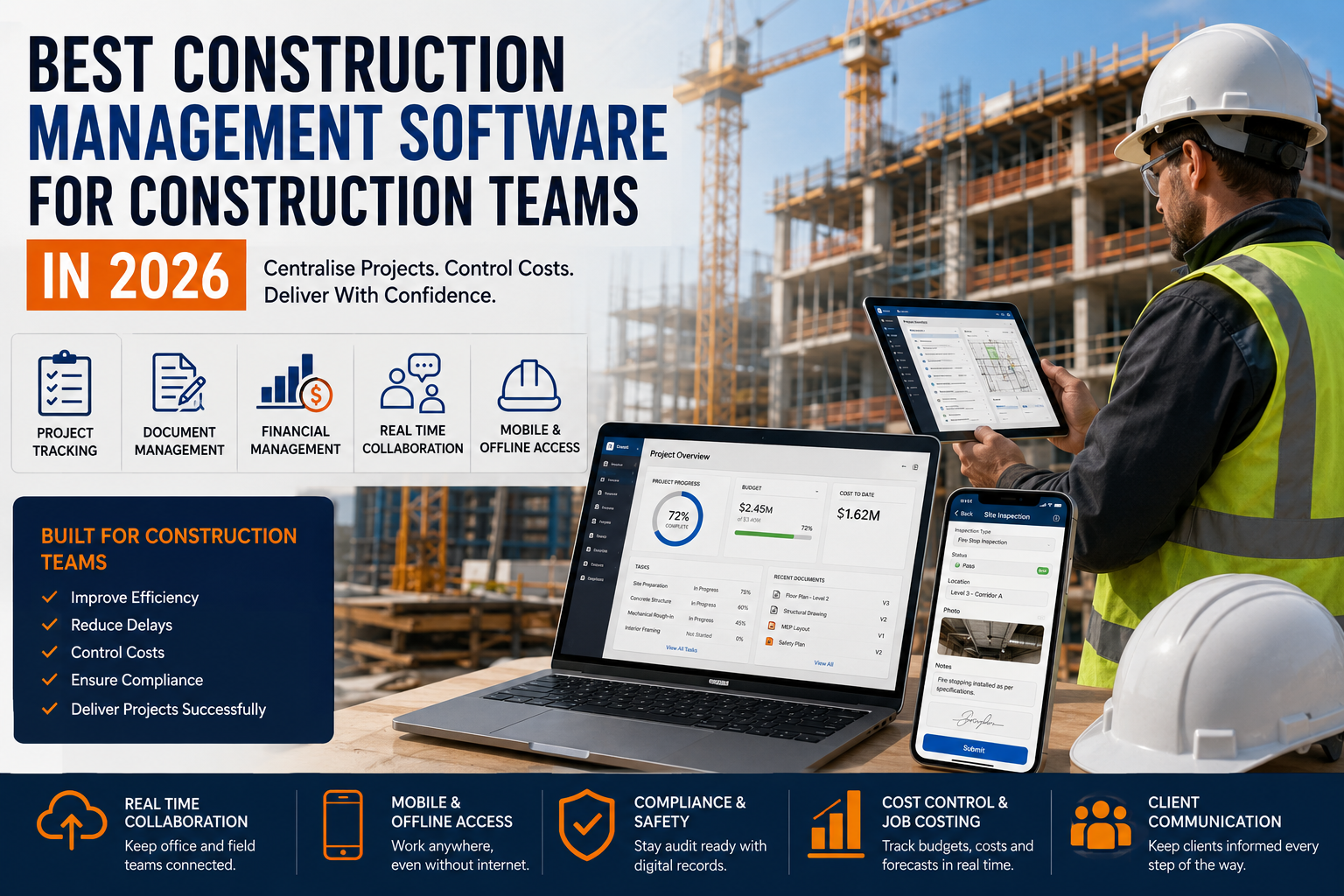 Construction team reviewing project schedule on a tablet at a job site