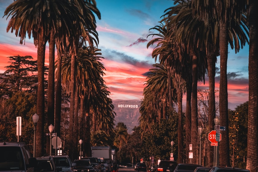 Los Angles, road with palm trees. Hollywood sign in the background.