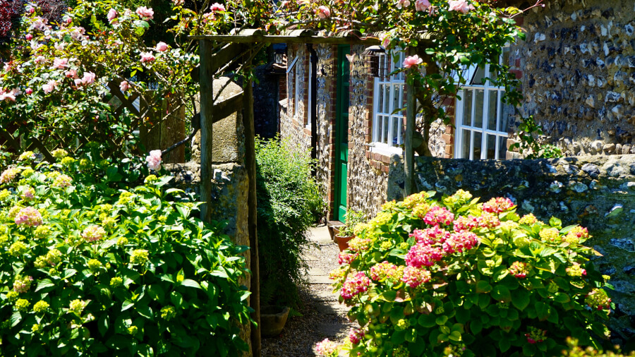 House with lots of bushes with flowers