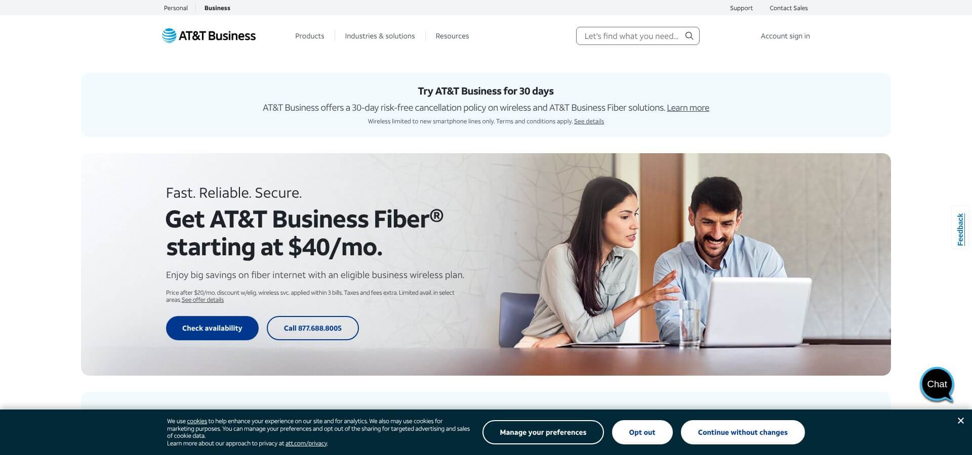 AT&T Business Fiber and business internet services page screenshot