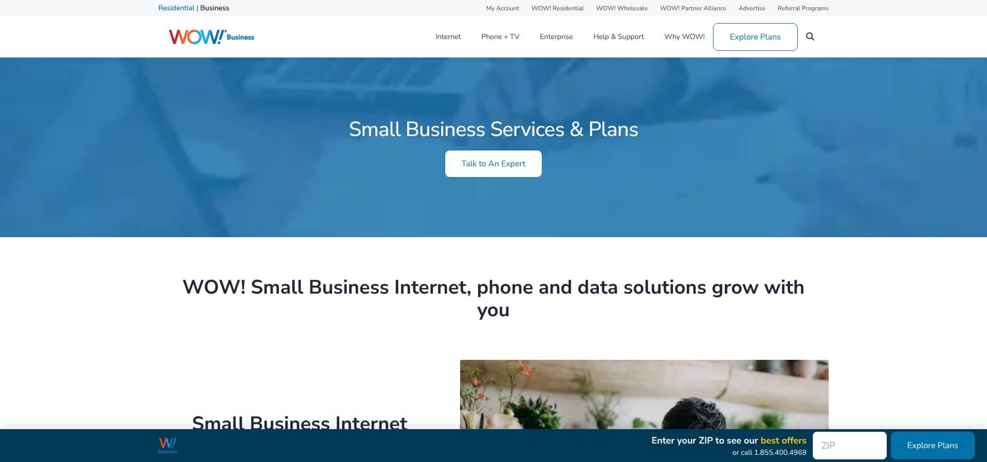 WOW! Business small business internet services page screenshot