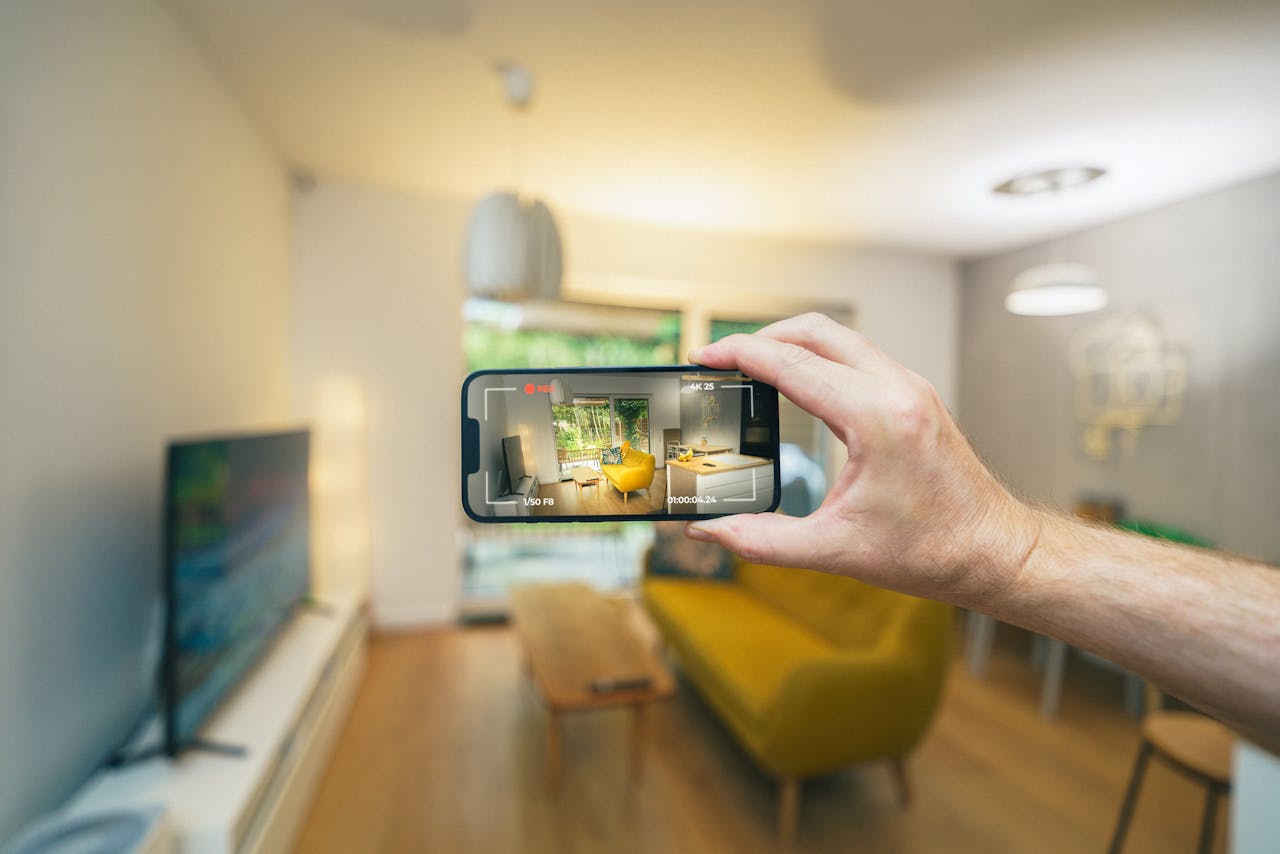 Modern living room, virtual tour via smartphone. Image by Pexels