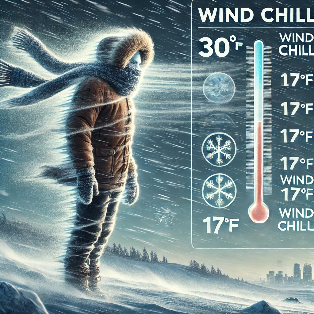 A visual representation of wind chill. A winter scene with a person bundled up in layers, facing a strong icy wind. Image by ChatGPT