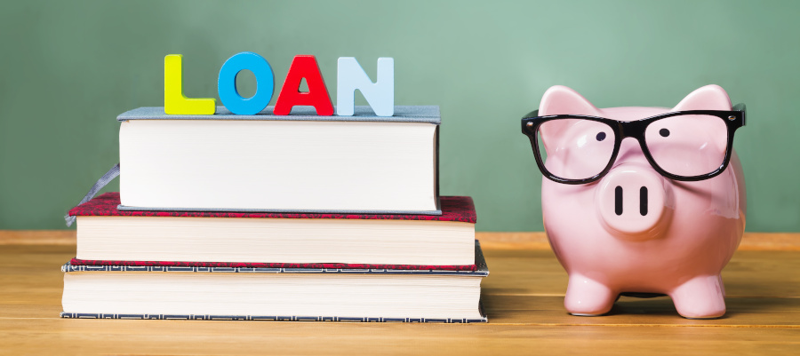 books, loan, pig with glasses