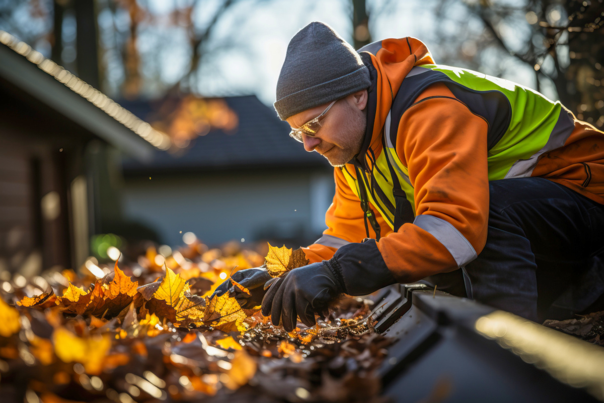 Person cleaning leaves from a gutter