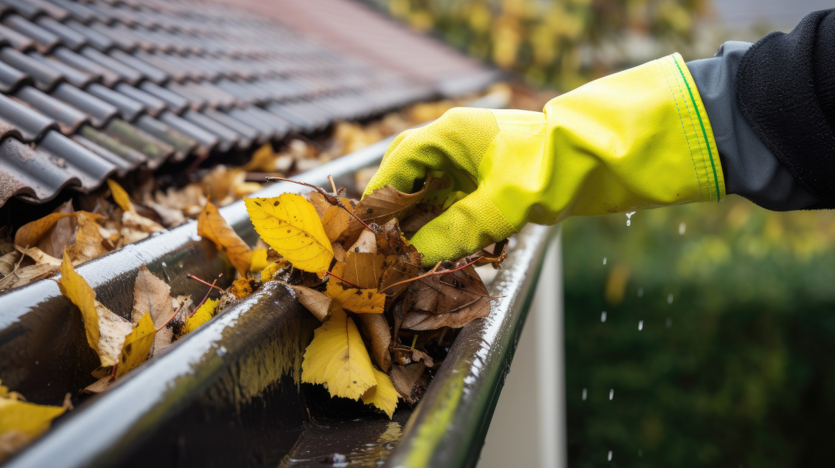 Person cleaning leaves from a gutter